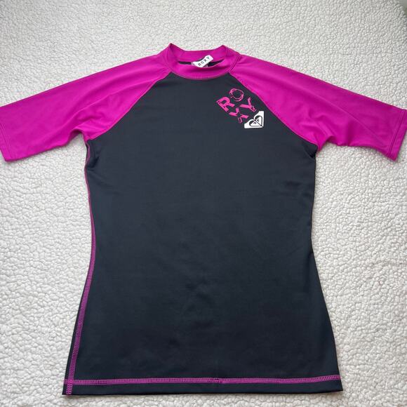 Roxy Black Pink Rashguard Swim Shirt Girls 10 - Picture 1 of 6